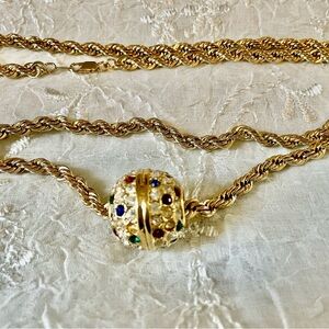 Vintage Monet Gold-toned Necklace with Multicolor Gem Encrusted Pendant.